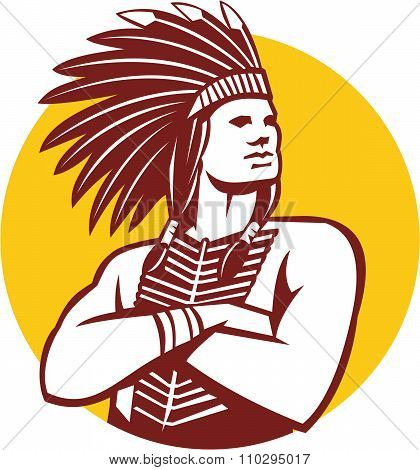 Native American Indian Chief Warrior Circle Retro