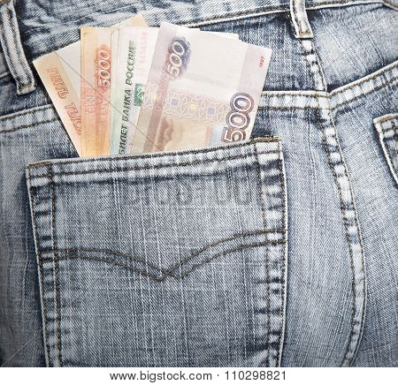 Russian Rubles Stick Out Of A Hip-pocket Of Jeans