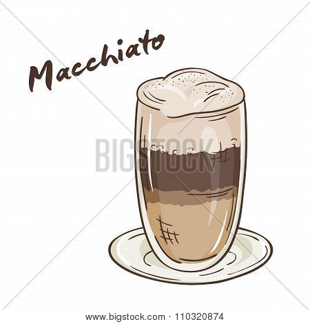 Vector Printable Illustration Of Isolated Cup Of Macchiato With Label