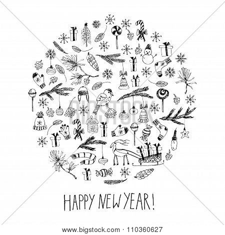 Hand Drawn Doodle Christmas And New Year Card
