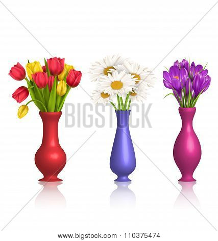 Tulips chamomiles and crocuses in vases with reflection on white