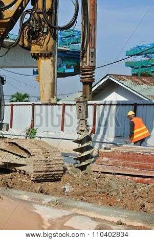 Bore pile rig auger at the construction site