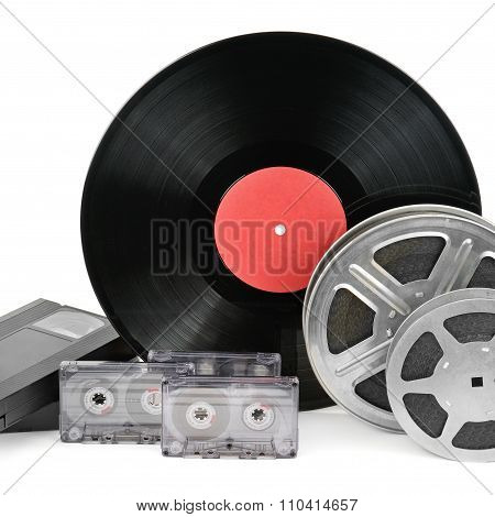 Audio Cassettes, Records And Film Strip Isolated On White Background