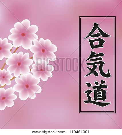 Hieroglyph Of Aikido And Flowers Of Trees On A Pink Background.