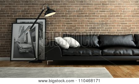 Part of  interior with brick wall and black sofa 3D rendering 