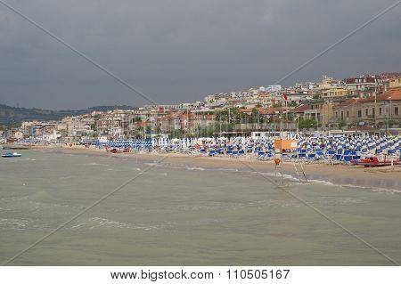Italy, Falconara Marittima - August 14, 2013: View Of The Beach And The City During A Storm.