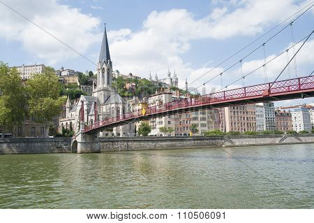 France, Lyon - August 3, 2013: Bridge Pasrel-saint-georges, Leading To The Church Of Saint-georges O