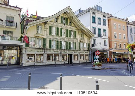 INTERLAKEN SWITZERLAND - SEPTEMBER 07 2015: This historic house is the oldest house on Hoeheweg Alley. One of the historical and cultural treasures worth seeing in the city.