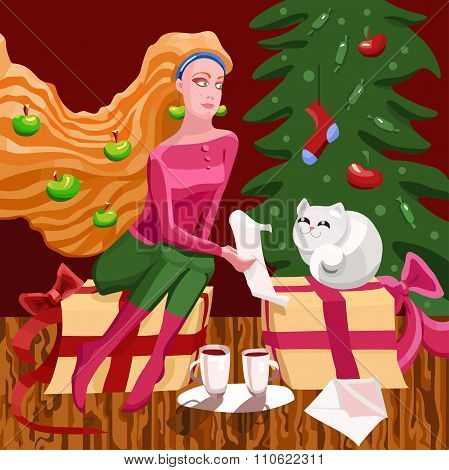New Year Illustration With Woman And Fat Cat Reading Letter