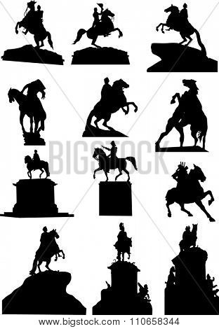illustration with set of horseman statues isolated on white background