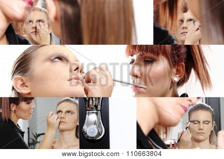 Collage, Makeup Artist Applying Mascara On Eyes Of Model