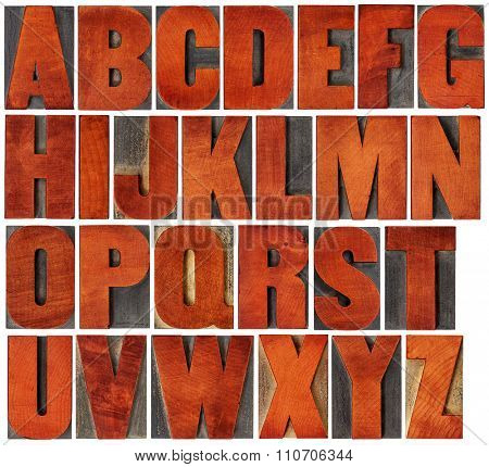 complete English alphabet set - a collage of 26 isolated vintage wood letterpress printing blocks, scratched and stained by red ink , gothic bold extended font