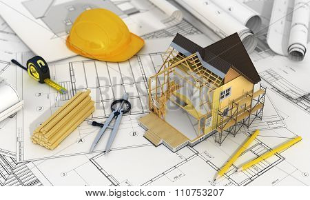 Concept Of Construction And Architect Design. 3D Render Of House In Building Process With Tree, Calc