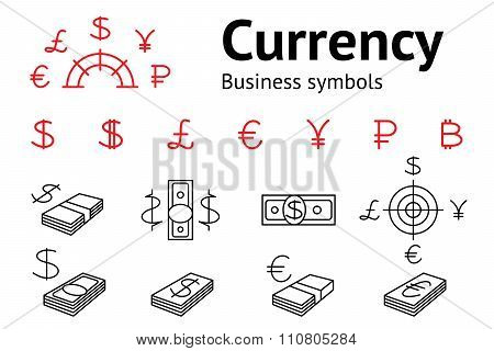 Dollar, Euro, Pound Yen Ruble Bitcoin currency icons set. USD, EUR, JPY  GBP RUB money sign symbols.