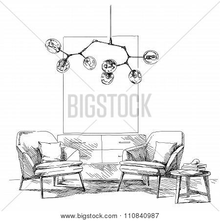 Modern interior hand drawing vector.