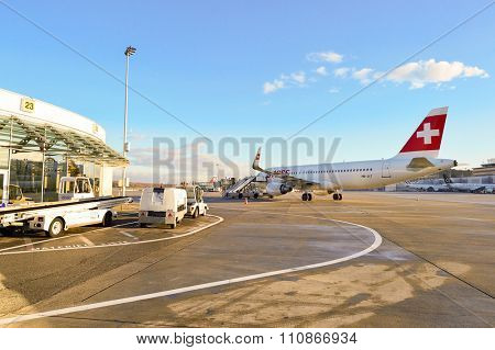 GENEVA, SWITZERLAND - NOVEMBER 18, 2015: Swiss Airbus A320 at Geneva airport. Swiss International Air Lines AG is the flag carrier airline of Switzerland