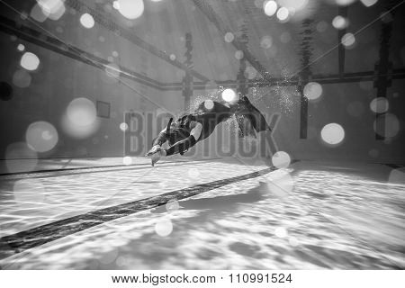 Beautiful Black And White Image Of Freediver Doing Dynamic With Fins Performance