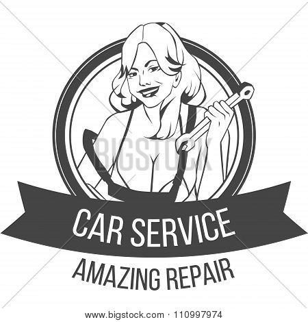Car service retro vintage badge with sexy woman