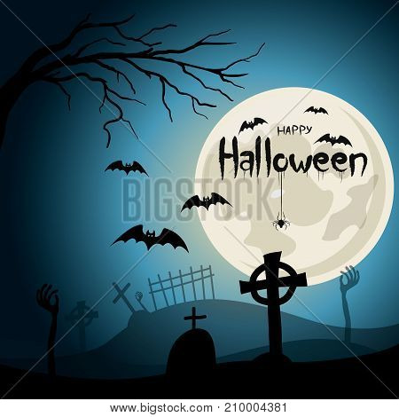 Halloween background. Graveyard with crosses and zombie hands at nigth. Full moon with lettering and spider