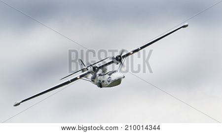 Consolidated Catalina PBY maritime patrol bomber and amphibious flying boat at the inaugural RAF Scampton air show in Lincolnshire, UK, 10 September, 2017.