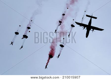 RAF Falcons freefall parachute display team at the inaugural RAF Scampton air show in Lincolnshire, UK, 10 September, 2017.