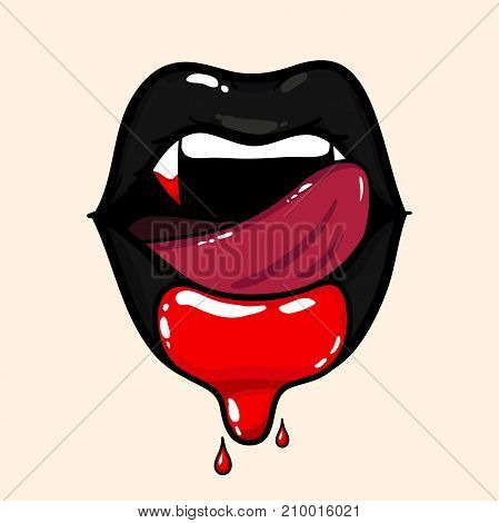 Vampire woman open mouth with blood. Tongue licking black lips. Halloween vector illustration