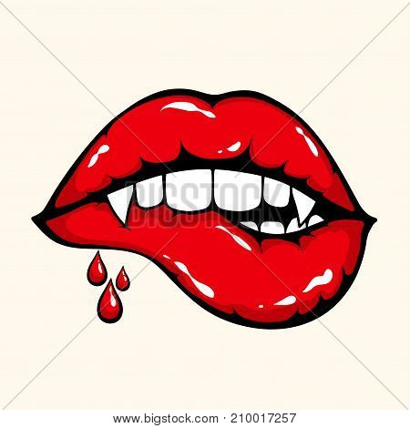 Vampire woman mouth biting red lower lip. Halloween vector illustration