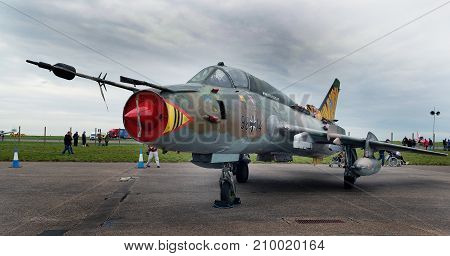 Sukhoi Su-22M-4 Fitter, Russian built variable geometry wing fast jet at the inaugural RAF Scampton air show in Lincolnshire, UK, 10 September, 2017.