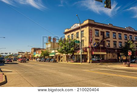 KALISPELL, MONTANA, USA - JULY 5, 2017 : Scenic street view with shops and hotels in Kalispell. Kalispell is the gateway to Glacier National Park.