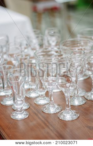 A lot of transparent glass for wine at restaurant