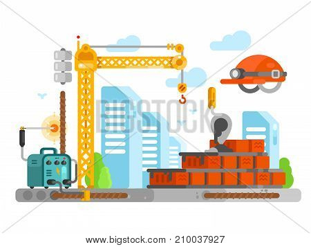 Construction site design with bricks. Crane and build industry, material work process, welding and masonry, vector illustration