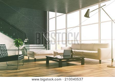 Black Living Room, Stairs, Sofas Toned