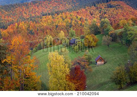 Beautiful autumn landscape in Transylvanian villages, Romania