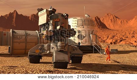 3D Illustration. Mars colony. Expedition on alien planet. Life on Mars.