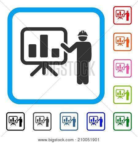 Engineer Pointing Chart Board icon. Flat grey iconic symbol in a light blue rounded rectangle. Black, gray, green, blue, red, orange color additional versions of Engineer Pointing Chart Board vector.