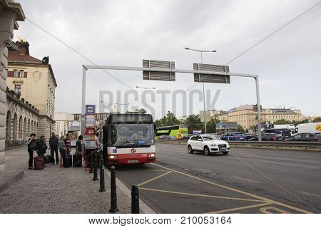 Traffic Road And Passengers Waiting Bus Station At Front Of Prague Main Railway Station Or Praha Hla