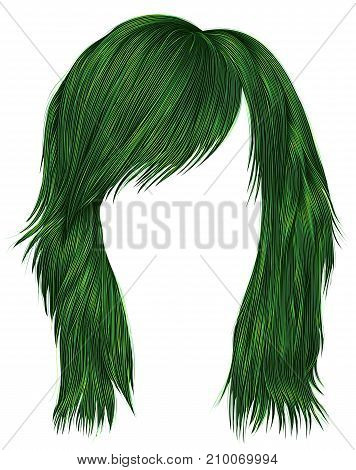 trendy  woman  hairs  green   color . medium length . beauty style . realistic  3d .