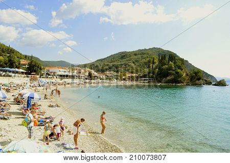 Paxos harbour Greece - October 21 2017 : Paxos beach a small island south of Corfu a Greek island in the Ionian sea