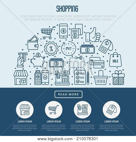 Shopping concept with thin line icons in half circle. Template for web page of online shop. Vector illustration.