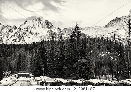 Strbske pleso area center of winter sports High Tatras Slovak republic. Travel destination. Black and white photo.