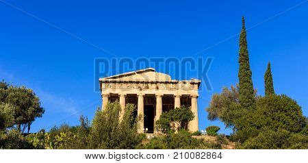 Athens, Greece. Hephaestus Temple On Blue Sky Background