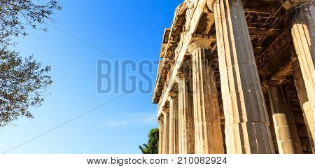 Athens, Greece. Hephaestus Temple On Blue Sky Background
