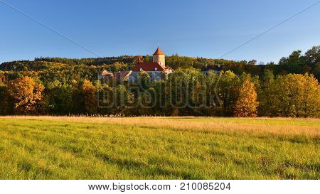 Beautiful Autumn Landscape With Veveri Castle. Natural Colorful Scenery With Sunset. Brno Dam-czech