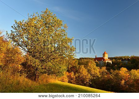 Beautiful Autumn Landscape With Veveri Castle. Natural Colorful Scenery With Sunset. Brno Dam-czech