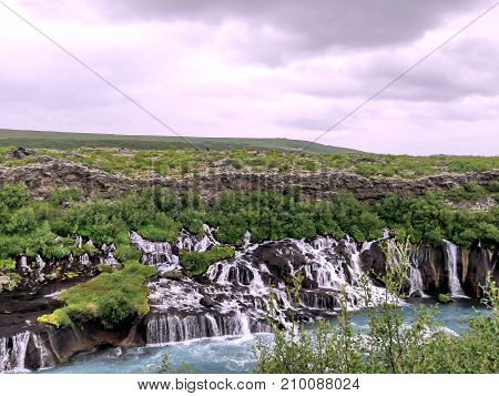The Landscape of Barnafoss waterfall on the Hvita Riverl in western iceland July 2017