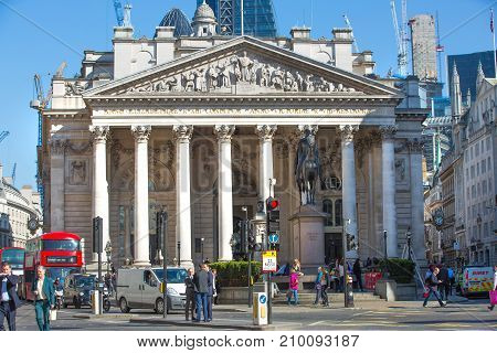 London, UK - March 15, 2017: Royal exchange building at the Bank of England square