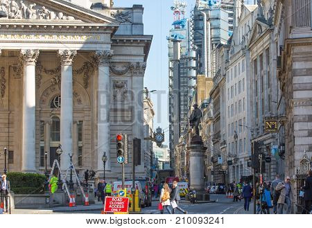 London, UK - March 15, 2017: Royal exchange building at the Bank of England square
