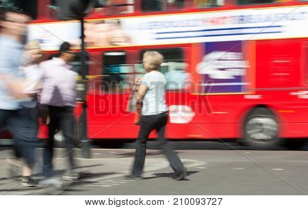 LONDON, UK - June 9, 2017: Blurred image of walking people at Oxford street, the main destination for shopping at Westend.