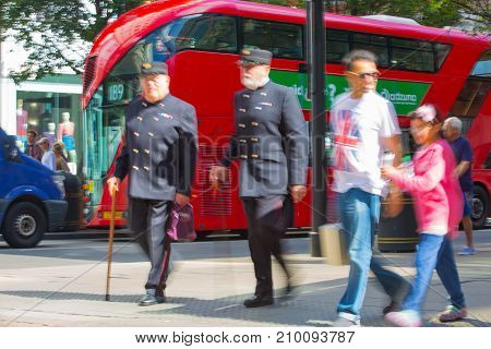 LONDON, UK - June 9, 2017: Blurred image group of walking people at Oxford street, the main destination for shopping at Westend.