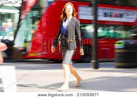 LONDON, UK - June 9, 2017: Blurred image of walking people at Oxford street, the main destination for shopping at Westend.